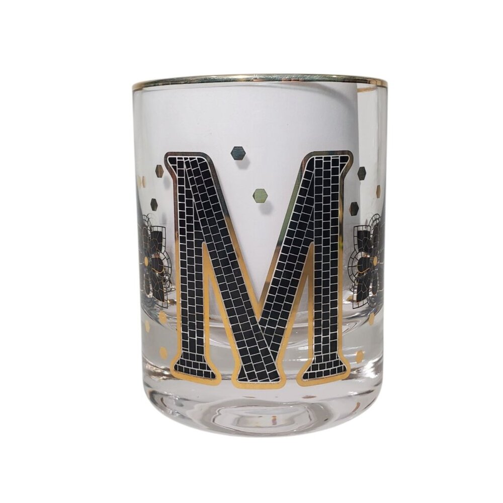 Anthropologie Bistro Tile Monogram Glass Tumbler Gold Rim Initial M Old Fashion